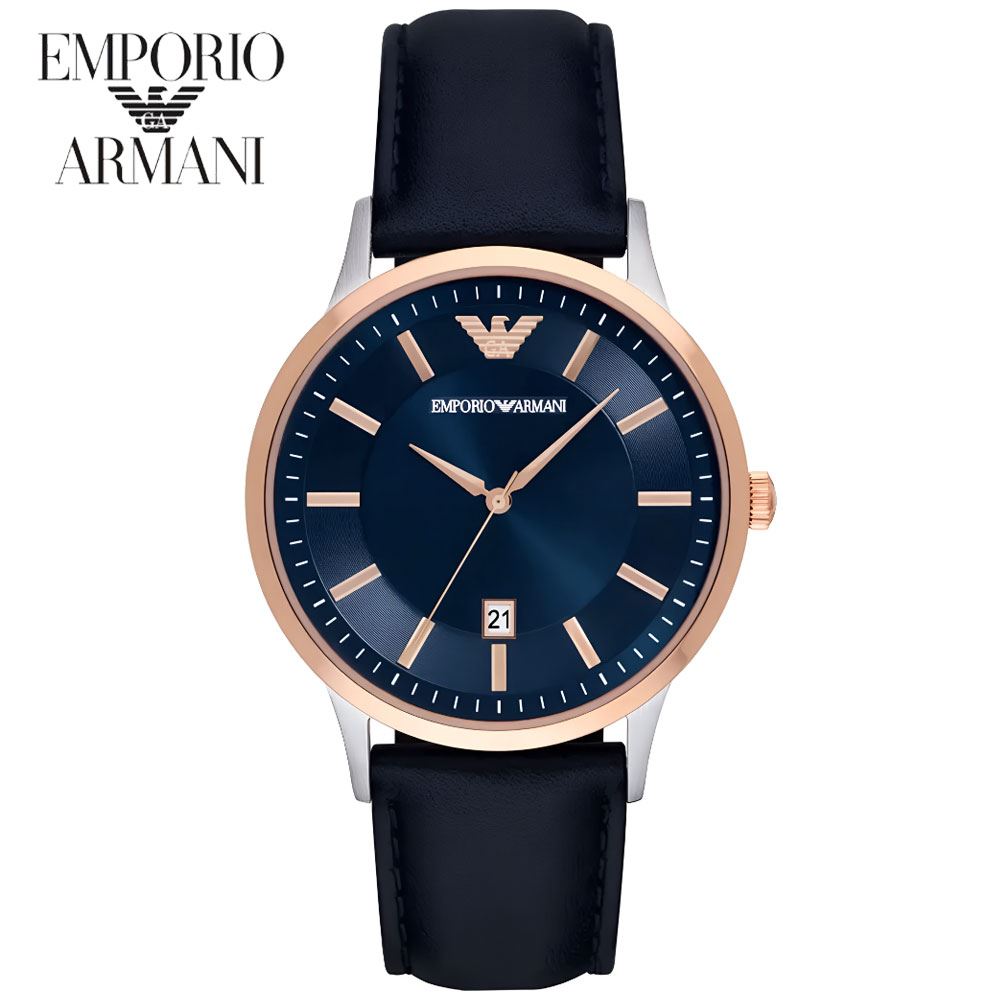 Reloj Emporio Armani Renato AR11188 Fecha Acero Inoxidable Correa de Cuero y Dial Azul